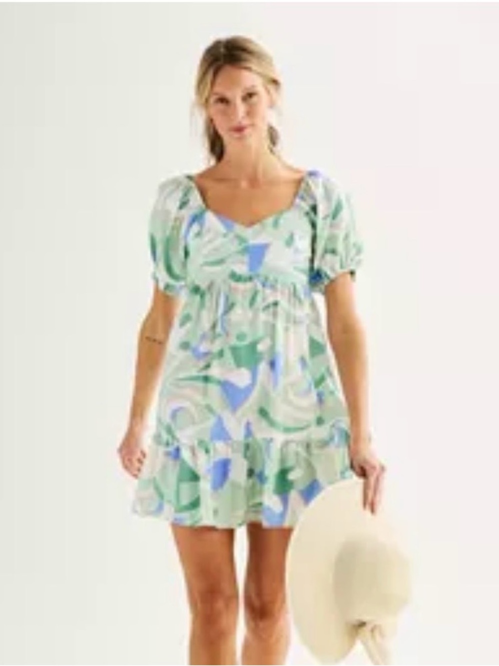 Boho Babydoll Abstract Mini Dress w/ Puff Sleeved & Ruffled Hem Beach Size L
